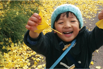 銀杏の葉っぱを手に掴む男の子の写真