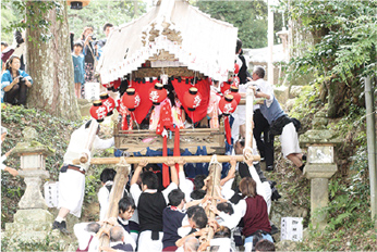 赤い提灯や飾り紐で彩られた八坂神社の神輿の写真