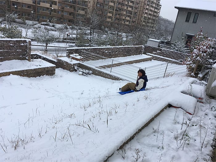 雪化粧された庭でソリを滑る子どもの写真