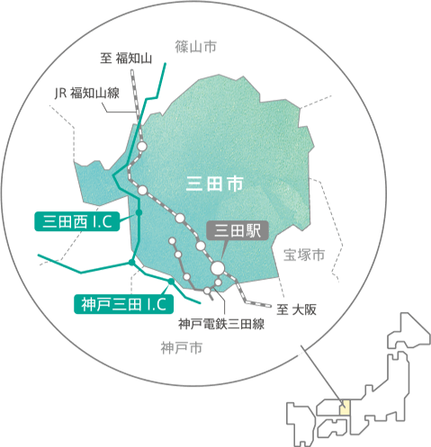 三田市の位置を示す地図。神戸市、宝塚市、篠山市に隣接し、市西部にはJR福知山線や高速道路が縦断しています。